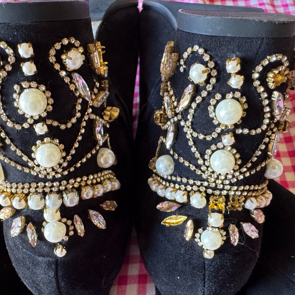 Elegant Black Suede Ankle Boots with Embellished Heels - Picture 7 of 8